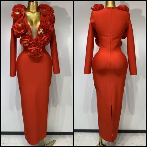 Women Sexy Red 3D Floral Gold Pin Full Sleeve Maxi Dress