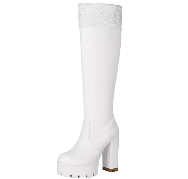 Women Fashion Lace Faux Leather Platform High Heel Boots