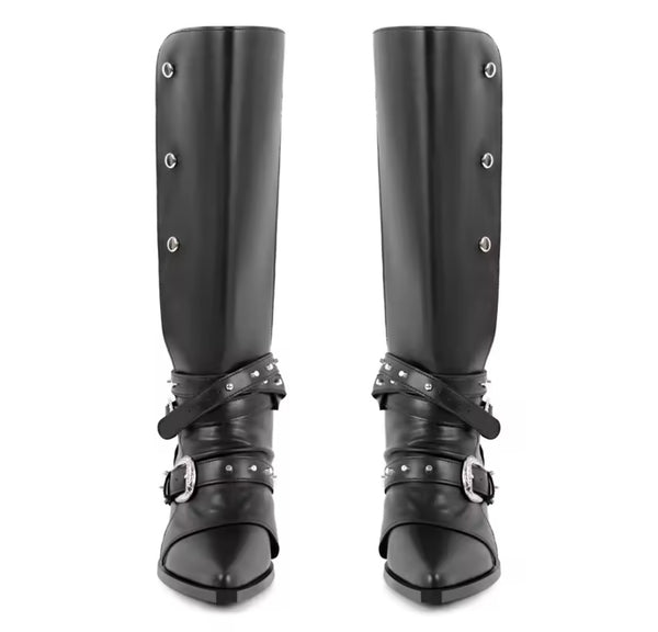 Women Fashion Black Buckled Button Knee High Western Boots