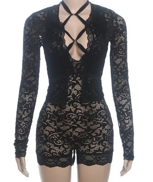 Women Black Sexy Full Sleeve Lace Romper