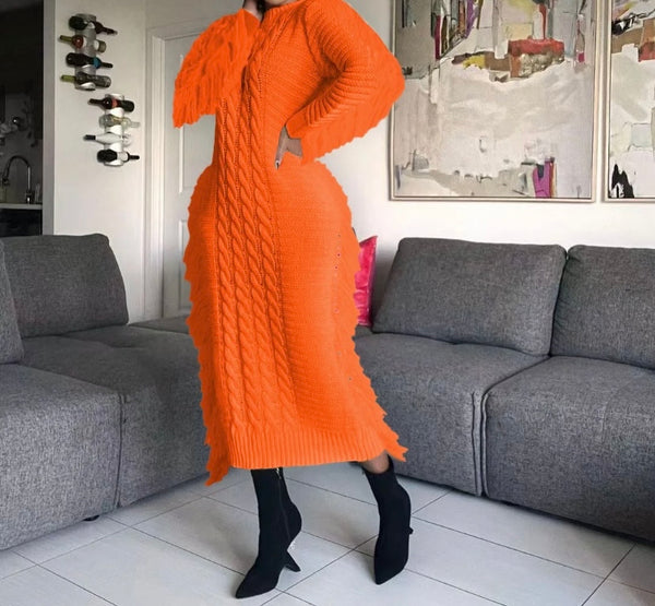Women Full Sleeve Fringe Fashion Sweater Maxi Dress