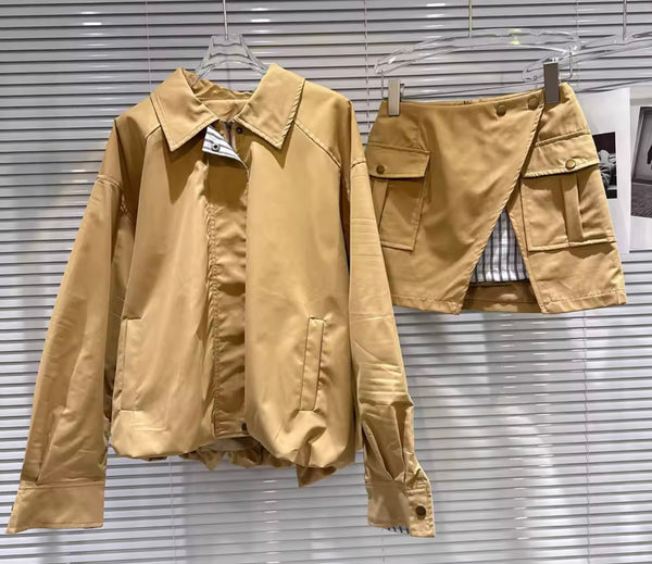 Women Fashion Khaki Jacket Two Piece Cargo Skirt Set