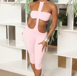 Women Sexy Halter Sleeveless Solid Color Cut Out Romper