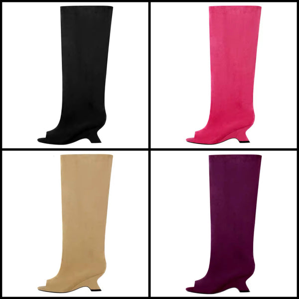 Women Color Open Toe Suede Knee High Boots