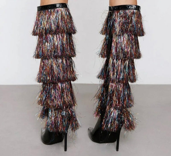 Women Fashion Pointed Toe Multicolored Fringe Knee High Boots