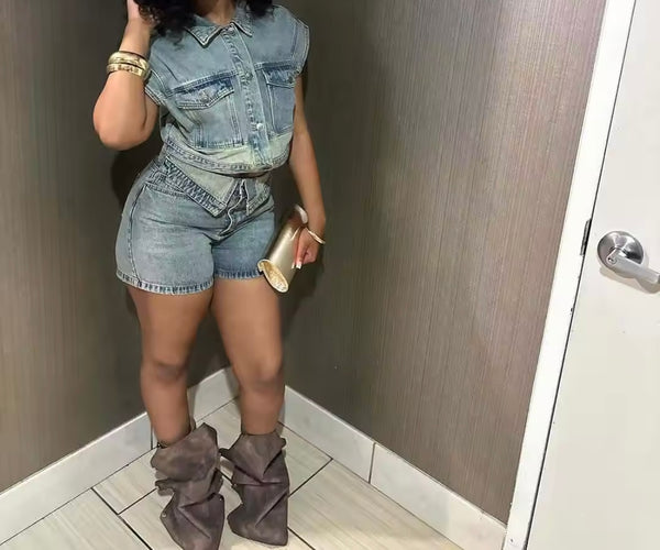 Women Fashion Denim Button Up Sleeveless Two Piece Short Set