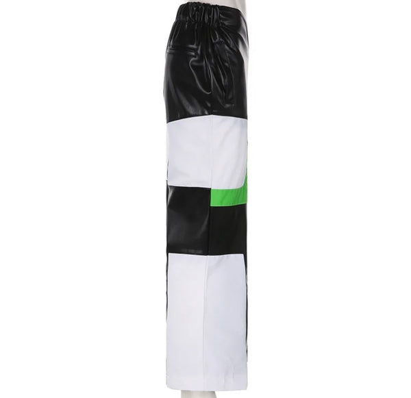 Women Fashion Color Patchwork Faux Leather Pants