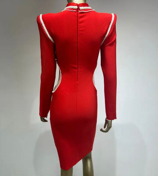 Women Sexy Red Full Sleeve Cut Out Color Stitching Dress