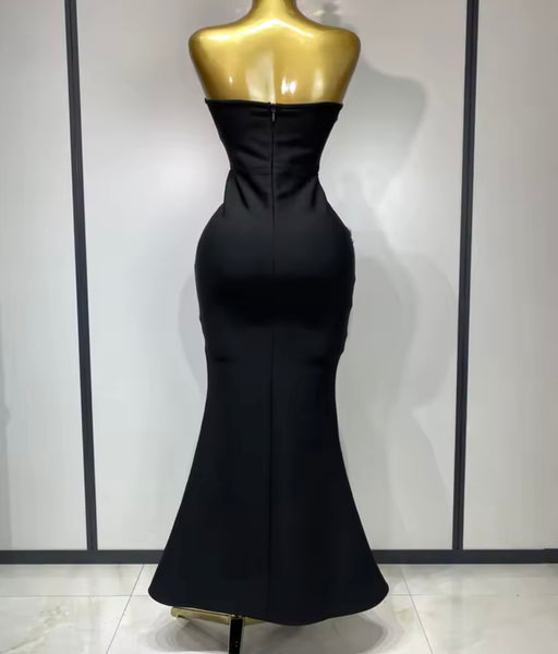Women Black Rhinestone Sexy Strapless Maxi Dress
