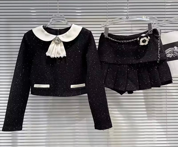 Women Fashion B&W Chain Belted Ruffle Two Piece Skirt Set