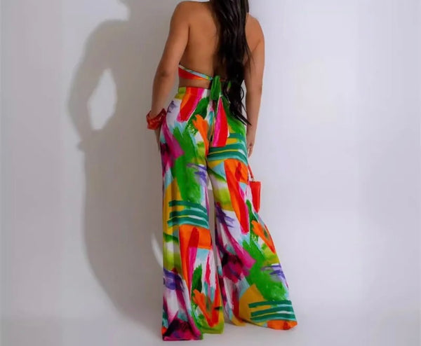 Women Sexy Halter Sleeveless Multicolored Print Two Piece Pant Set