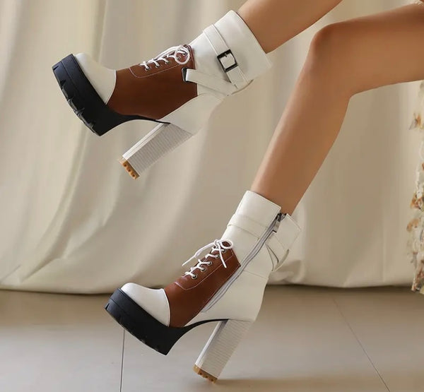 Women Fashion Color Patchwork Lace Up Platform Ankle Boots