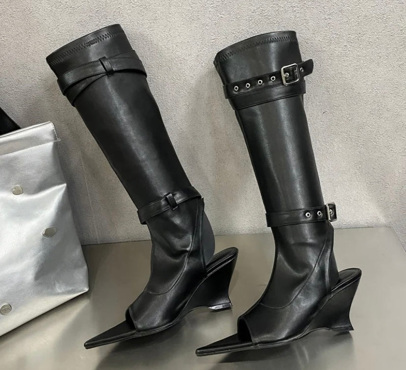 Women Fashion Pointed Open Toe Buckled Platform Wedge Knee High Boots