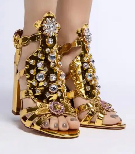 Women Fashion Open Toe Gold Rhinestone Detachable Boots