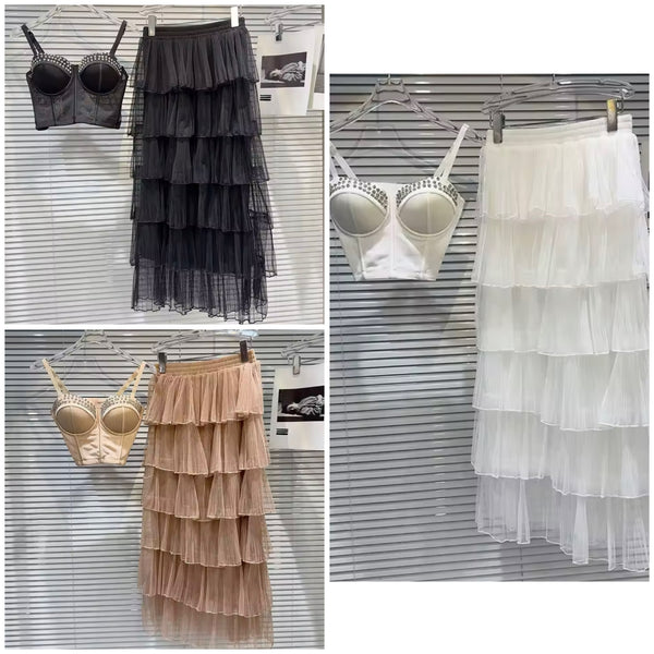 Women Sexy Bling Sleeveless Two Piece Ruffled Mesh Maxi Skirt Set