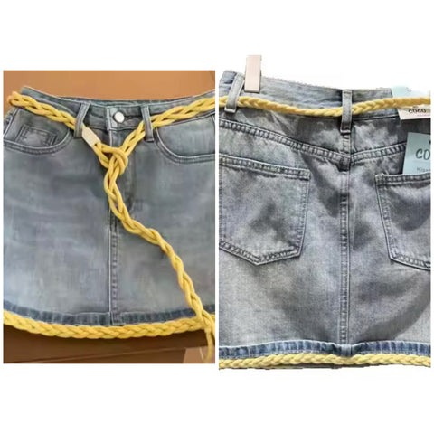 Women Fashion Denim Yellow Rope Patchwork Skirt