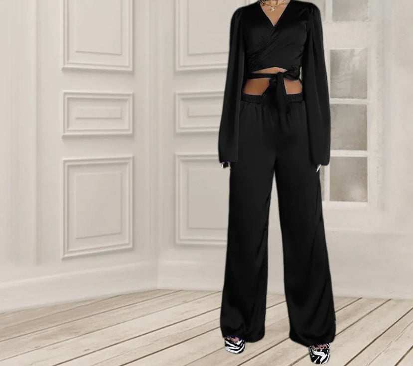 Women Sexy Solid Color Satin Full Sleeve Two Piece Pant Set