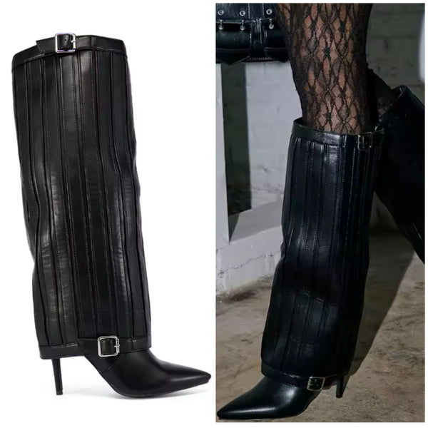 Women Pointed Toe Buckled Black Fashion Knee High Boots