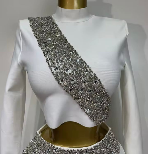 Women Beaded Bling Full Sleeve Sexy Two Piece Maxi Skirt Set