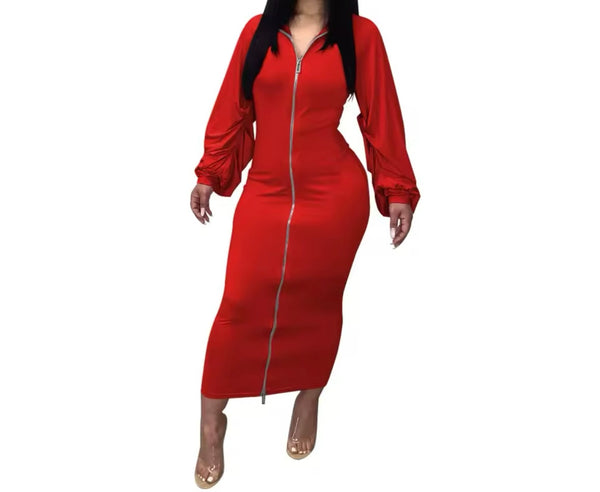 Women Fashion Color Front Zipper Full Sleeve Maxi Dress