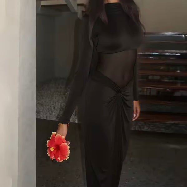 Women Sexy Mesh Patchwork Full Sleeve Ruched Maxi Dress