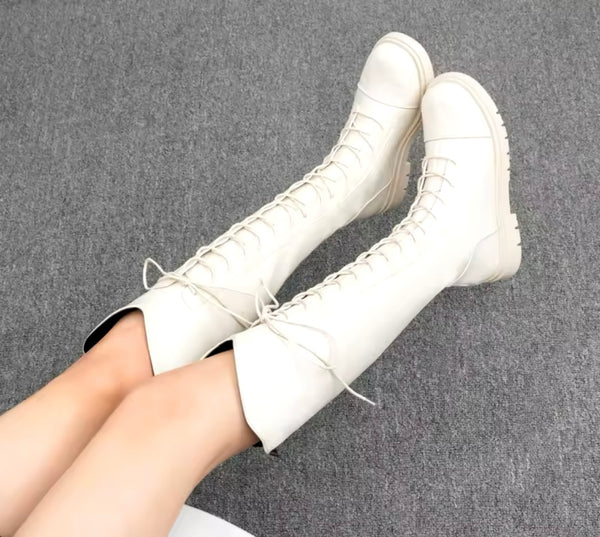 Women Fashion Lace Up Knee High Flat Boots