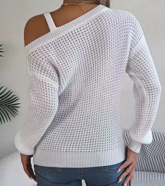 Women Color Slant Shoulder Full Sleeve Fashion Sweater Top