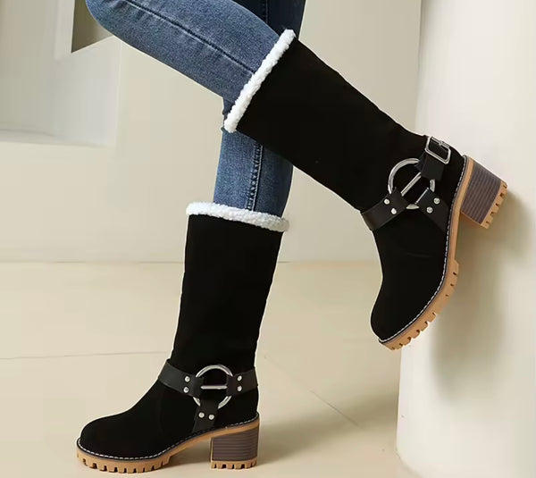 Women Fashion Color Suede Warm Furry Metal Ring Boots