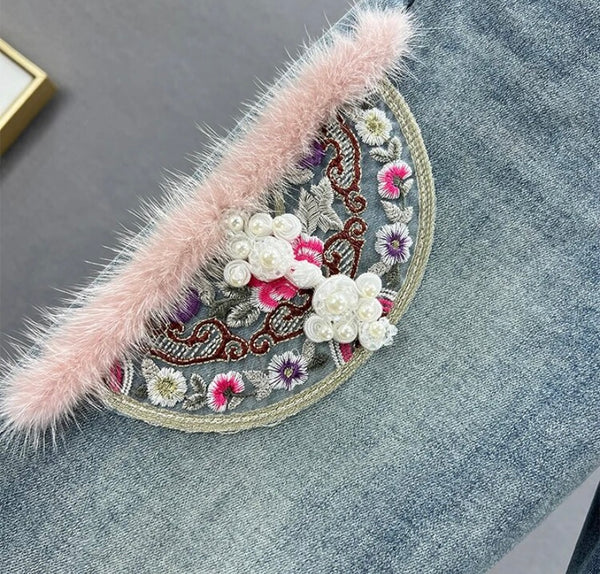 Women Fashion Embroidery Faux Fur Patchwork Denim Pants