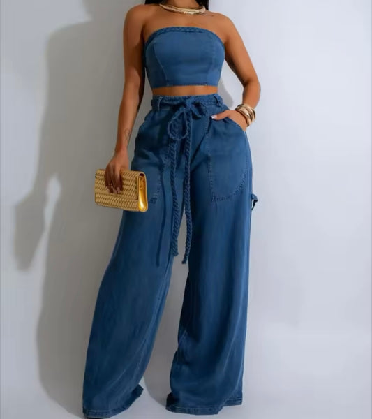 Women Sexy Strapless Two Piece Denim Tie Up Wide Leg Pant Set