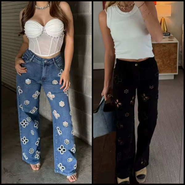 Women Fashion Beaded Cut Out Floral Denim Pants