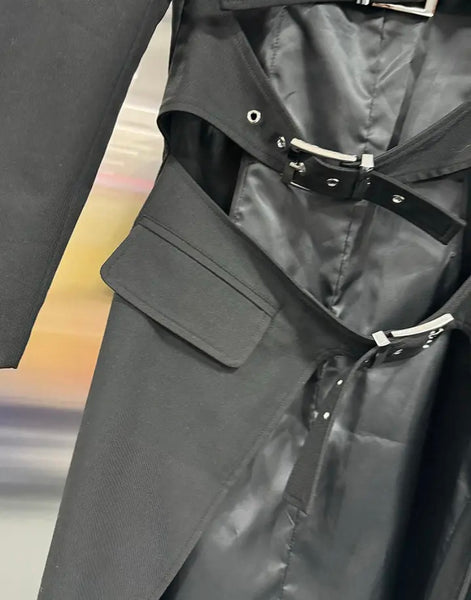 Women Fashion Black Buckled Trench Jacket