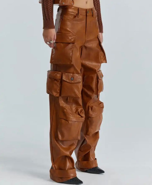Women Fashion Faux Leather Cargo Pants