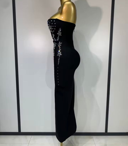 Women Sexy Black Strapless Floral Rhinestone Maxi Dress
