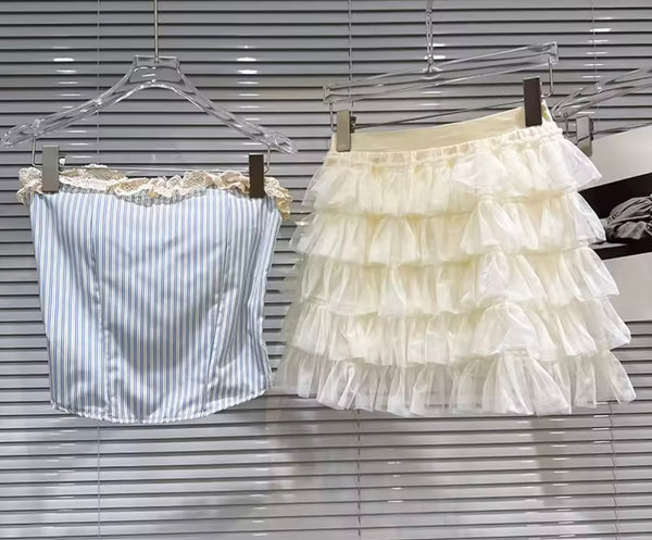 Women Sexy Striped Strapless Two Piece Ruffled Skirt Set