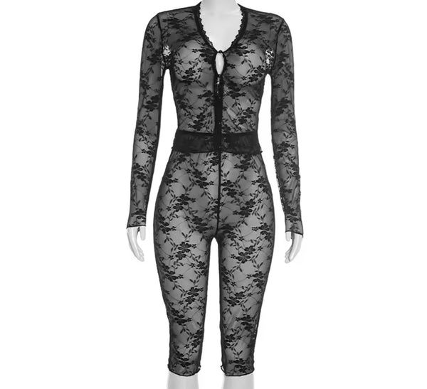 Women Sexy Black Lace Full Sleeve Two Piece Capri Pant Set