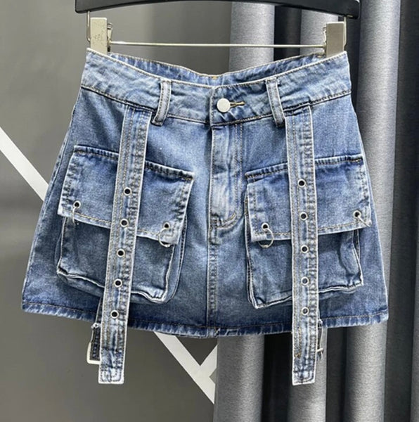 Women Fashion Pocket Denim Short Skirt