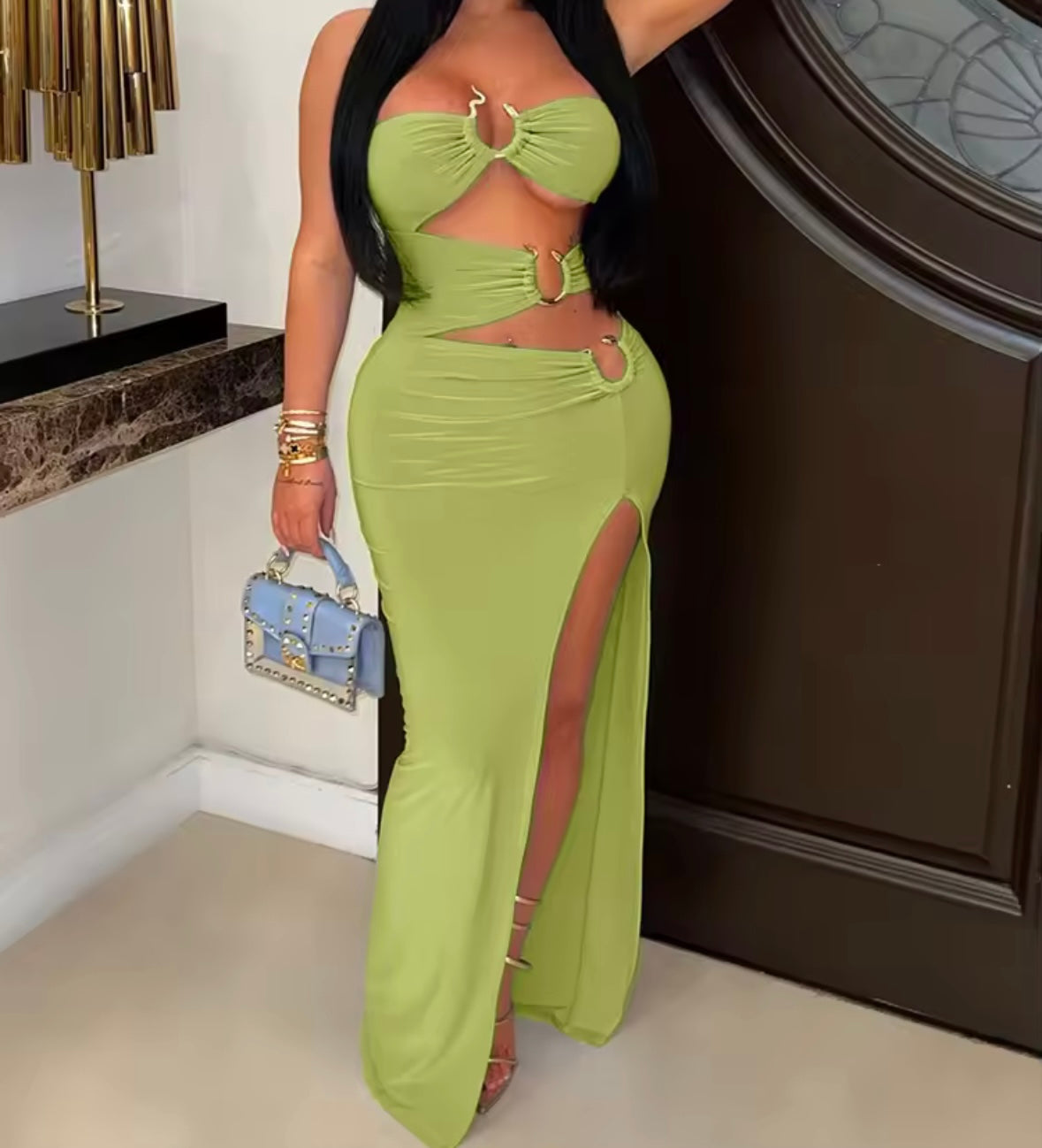 Women Sexy Strapless Color Metal Cut Out Maxi Dress