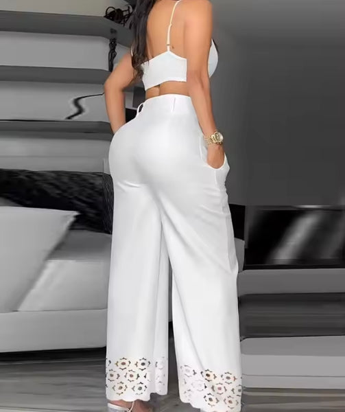 Women White Sleeveless Fashion Hollow Out Two Piece Pant Set