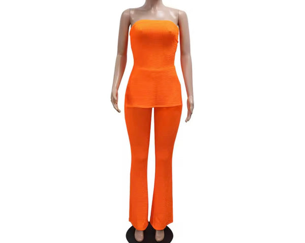 Women Ribbed Strapless Color Fashion Two Piece Pant Set