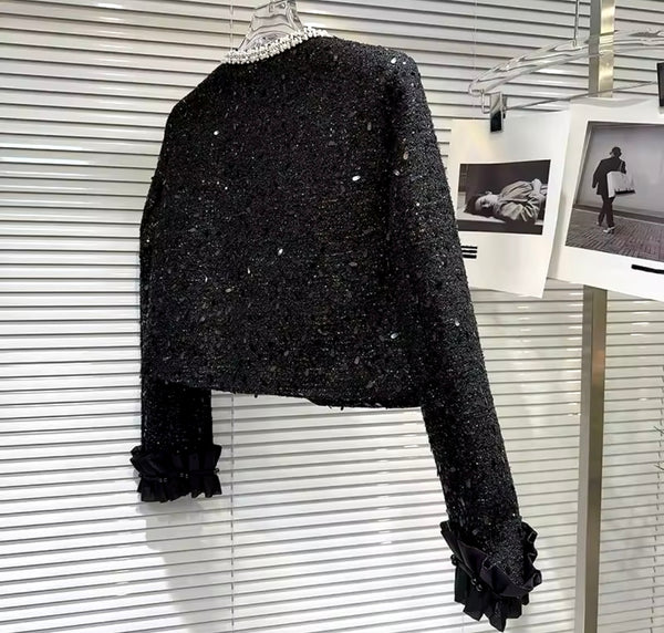 Women Black Sexy Sequins Bling Blazer Two Piece Skirt Set