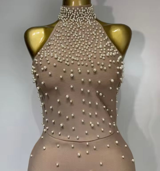 Women Sexy Sleeveless Pearl Side Split Maxi Dress