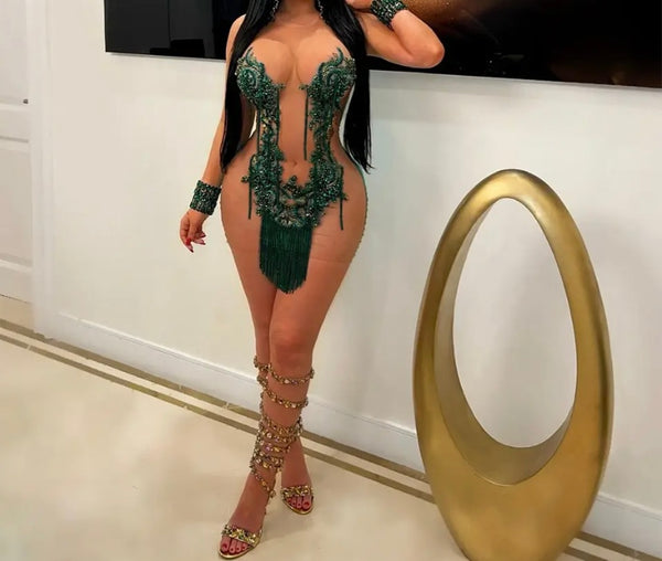 Women Sexy Mesh Bling Sleeveless Tassel Dress