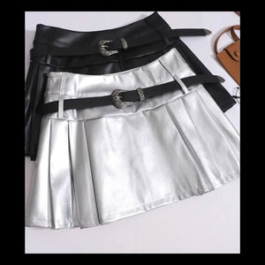 Women Fashion Solid Color Pleated PU Mini Skirt