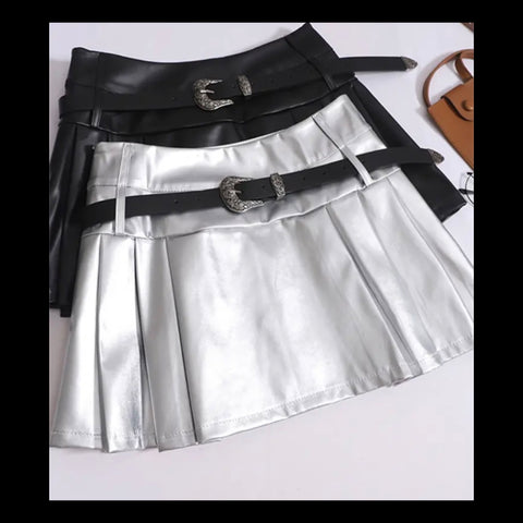 Women Fashion Solid Color Pleated PU Mini Skirt