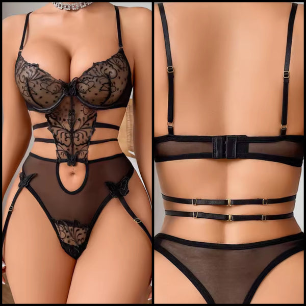 Women Sexy Black Floral Polka Dot Mesh Bodysuit Lingerie Set