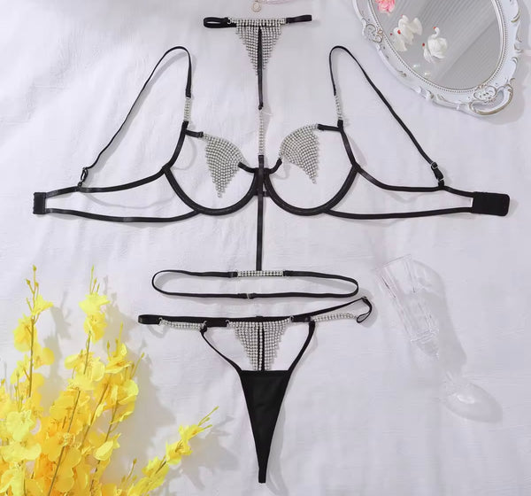 Women Sexy Sleeveless Black Chain Cut Out Lingerie Set