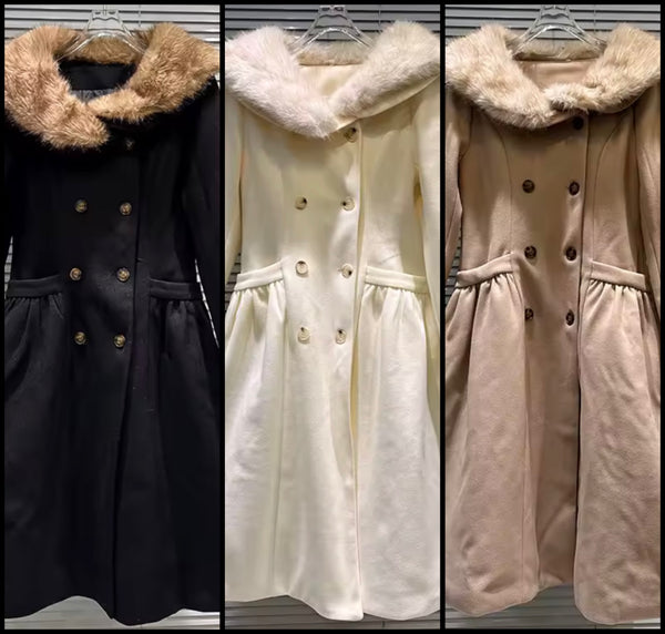 Women Faux Fur Patchwork Button Up Warm Wool Trench Jacket
