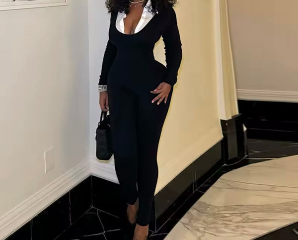 Women B&W Collar Full Sleeve Fashion Jumpsuit