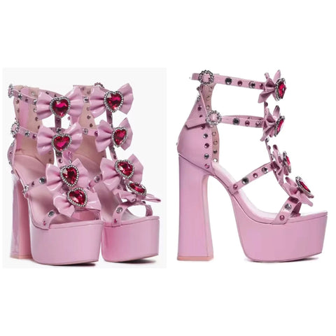 Women Fashion Pink Platform Heart Bow Ankle Strap Sandals